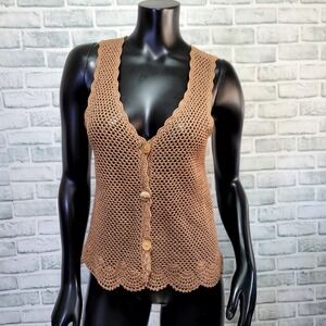 Vintage 90s Does‎ 70s Island Spice M Crochet Knit Vest Top Buttons Hippie Boho